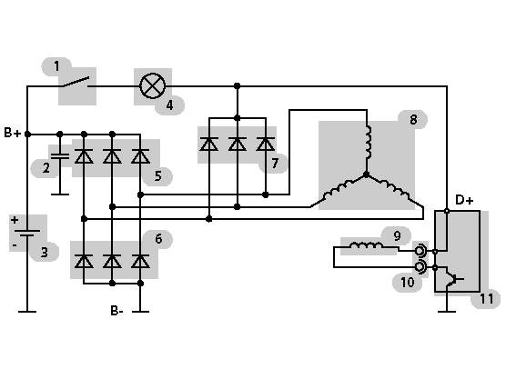 Описание устройства генератора (диодного моста и других элементов), схема